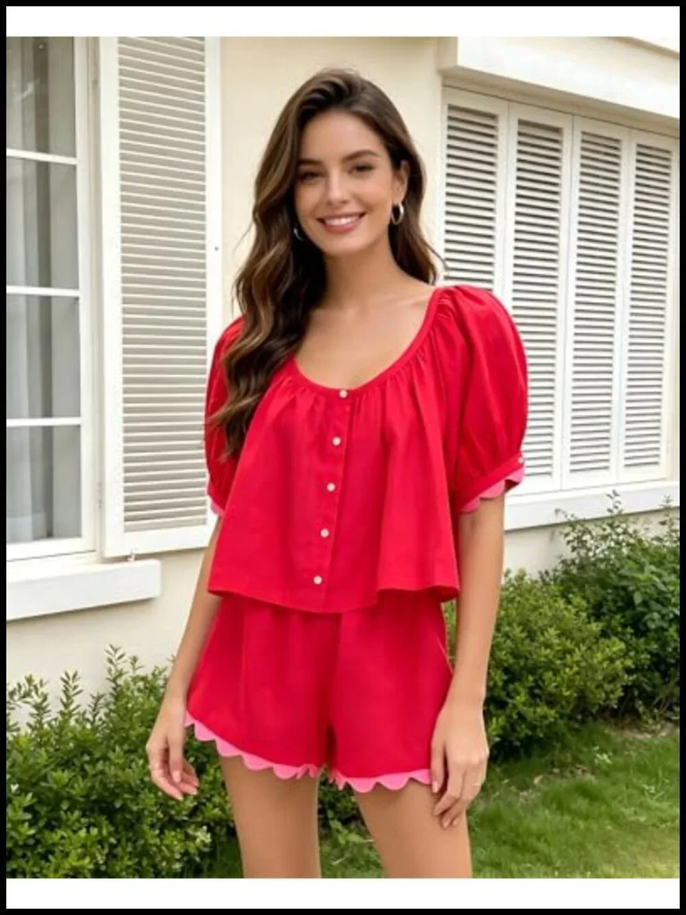 Linen Cotton Two Piece Short Set Button Down Puff Sleeve Scalloped Hem Casual